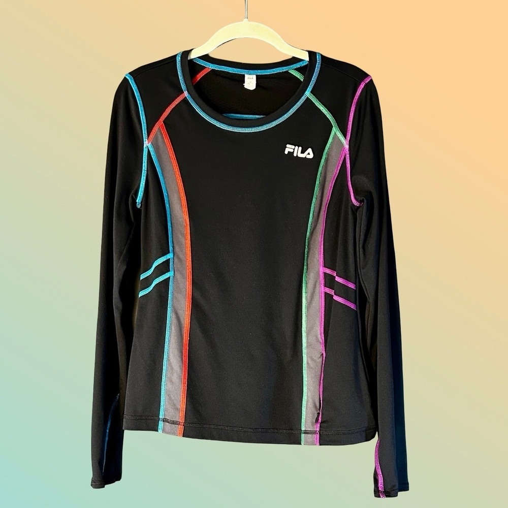 Fila Sport Top Women M Black Excellent‎ Rainbow Stitch Mesh Back Performance B81